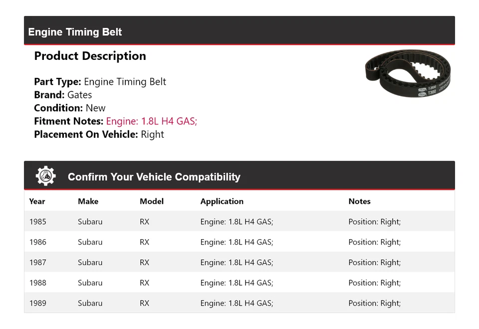 Ремень ГРМ для двигателя Subaru RX 1,8 л H4 1985-1989 годов выпуска правые ворота 1986 1987 - Изображение 2 из 4