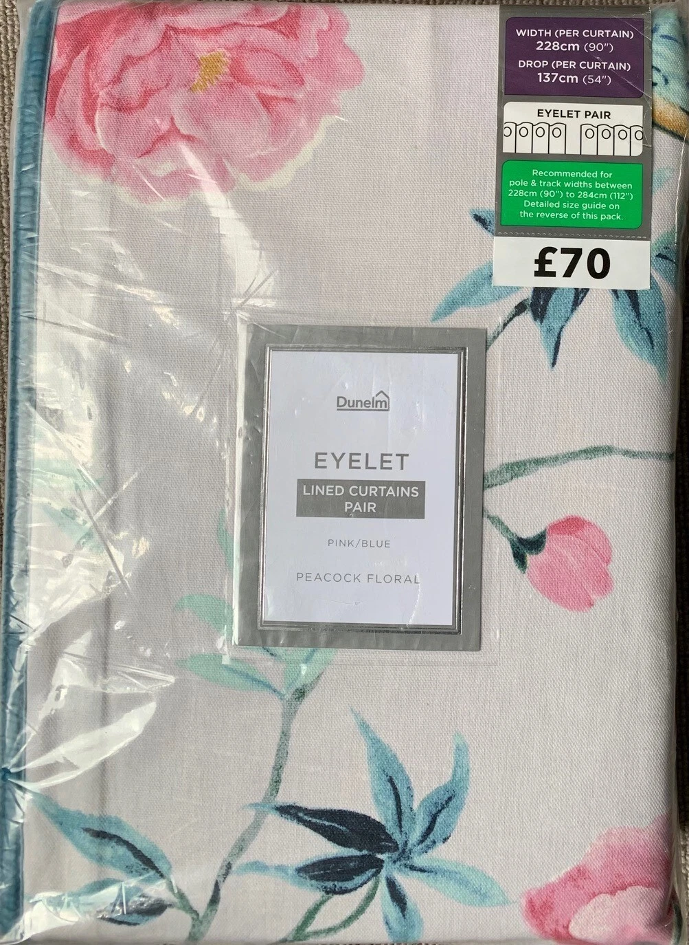 Dunelm Peacocks Eyelet Curtains - Blue & Pink - Cotton - 90" x 54" (W x L) Pair