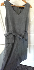Next Tailoring Size 12 Blue Denim Style Shift Dress Linen Blend Tie Belt Pockets