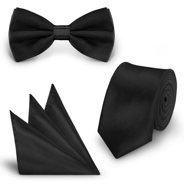 Set Schwarz (20) Krawatte Fliege Einstecktuch Hochzeit Schlips Busniess Slim-image