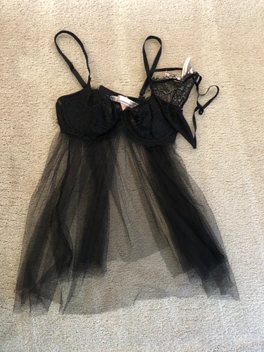 Victoria's Secret Lace Sheer Babydoll 2 Piece Black Size Large NWTS $79.50