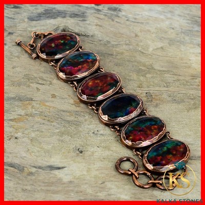 Oval Natural Ammolite Copper Bezel Electroformed Wife New Chain Bracelet Jewelry