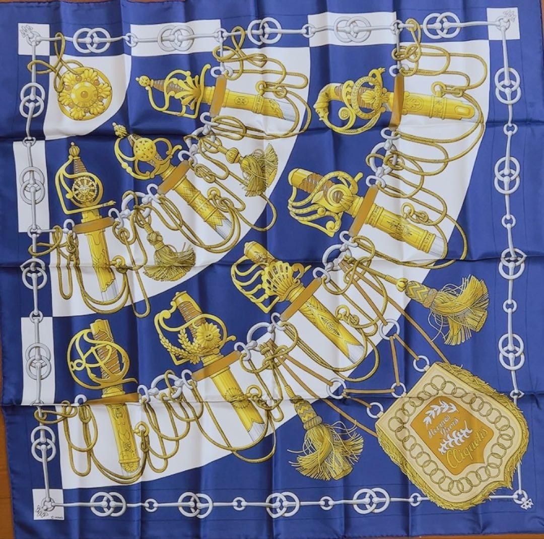 HERMES Cliquetis 90 Silk Scarf in Classic Blue