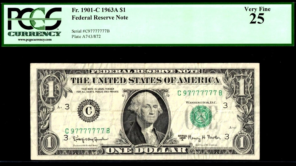 FANCY 7 consecutive/ 7 of a Kind # 97777777 serial number $1 PCGS graded 1963A - Image 2 of 3