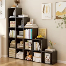 Ladder Cube Storage Bookcase - Wooden L-Shaped 5-Tier Corner Shelf, Reversibl...