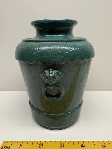 Vintage Pottery Vase Brown Clay Blue Glaze Marked Japan