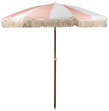 Summerland 6.5 Feet Beach Umbrella with Fringe - Patio Pink Salt Stripe - Pink