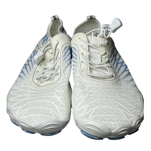 NWOT Women White Blue Barefoot Water Shoes Bungee Lace Lightweight Beach Swim