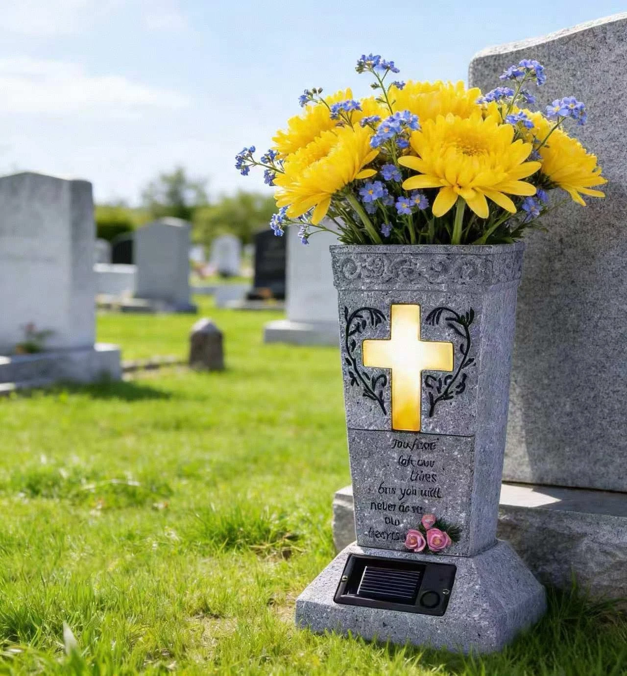 Solar Cemetery Grave Vase with LED for Fresh/Artificial Flowers Headstones Vases