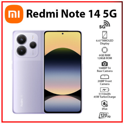 Xiaomi Redmi Note 14 5G 6GB+128GB PURPLE Dual SIM Unlocked Android Cell Phone