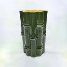 Vintage Red Wing Pottery Bamboo Vase Green Exterior Yellow Interior USA Boho