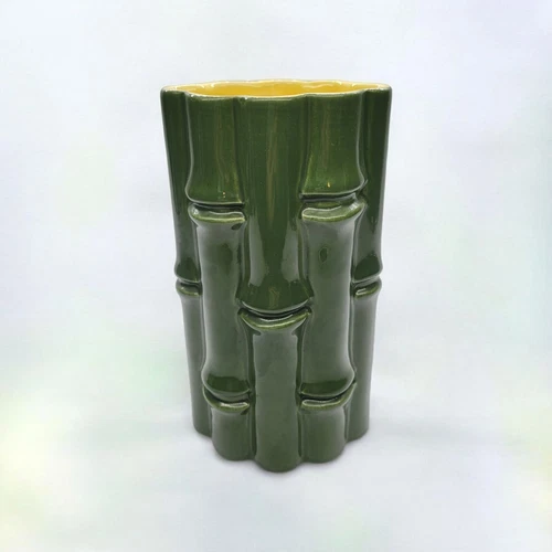 Vintage Red Wing Pottery Bamboo Vase Green Exterior Yellow Interior USA Boho