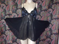 Vintage Unmentionables Black Satin  Sheer Babydoll Mini Nighty XL