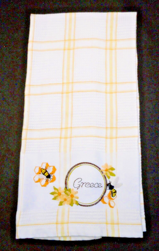 Greece Kitchen Hand Towel Souvenir Bees Flowers Greece White & Yellow 17x26 NWOT - Picture 3 of 4