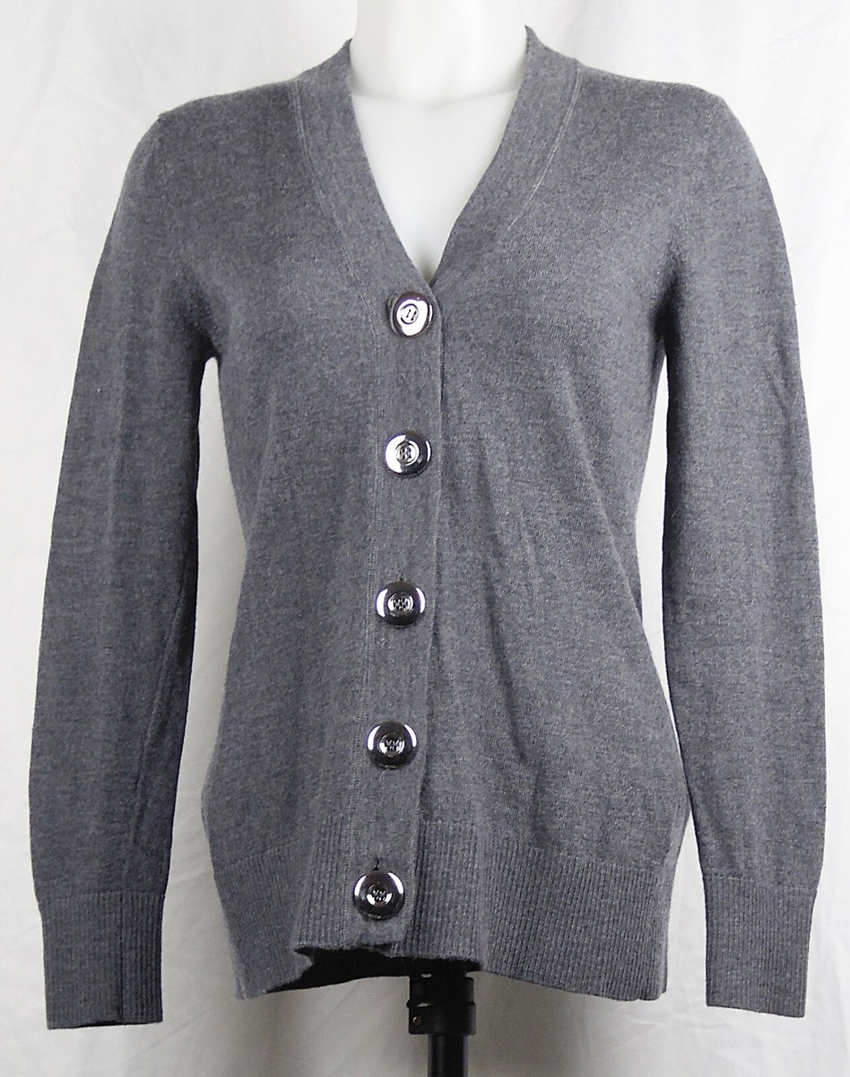 Lady Hathaway Gray Big Button 100% Merino Wool V-Neck Cardigan 