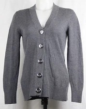 Lady Hathaway Gray Big Button 100% Merino Wool V-Neck Cardigan Sweater M