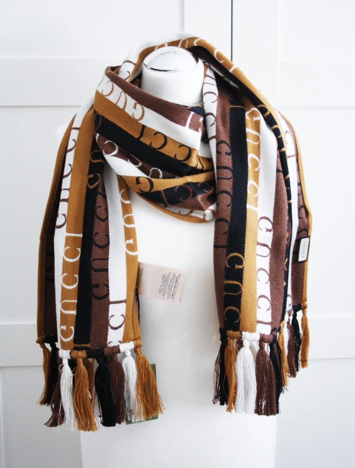 Foulard GUCCI 634166 UNISEXE 37x180 cm laine marron noir blanc NEUF