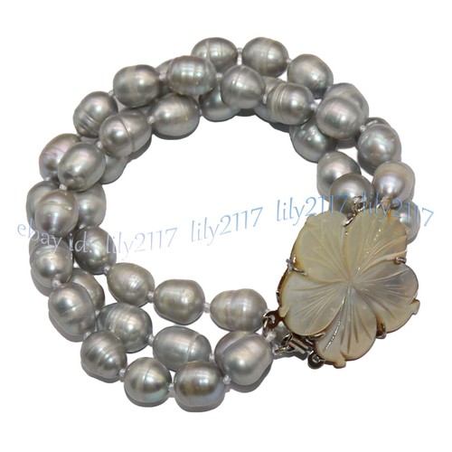 3 Rows 10-13mm Natural Silver Gray Baroque Pearl Bracelet 8" Shell Flower Clasp - Picture 5 of 10
