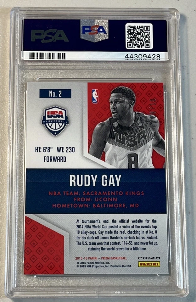 Camiseta Rudy Gay # 8/10 PSA 10 2015-16 Panini Prizm Oro EE. UU. Baloncesto 2 Premios Foto 2 de 2