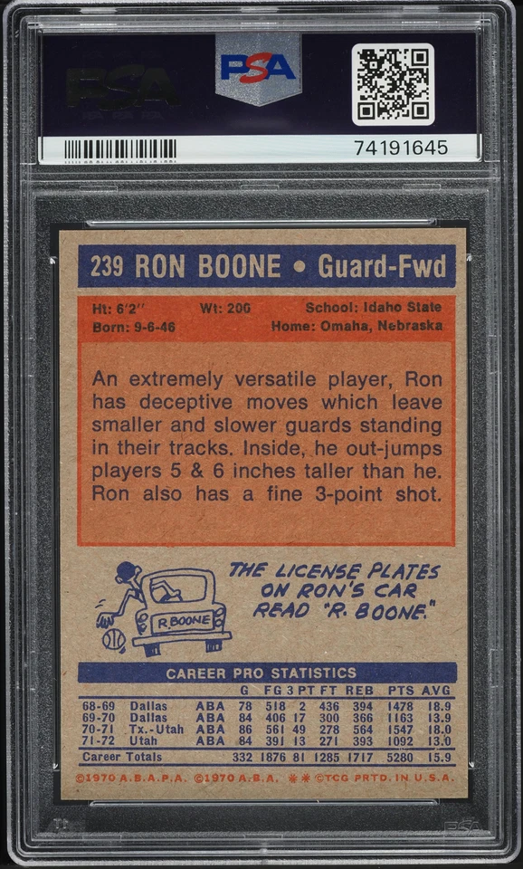 1972 Topps BkB Card #239 Ron Boone Utah Stars PSA 9 MINT - Image 2 of 2