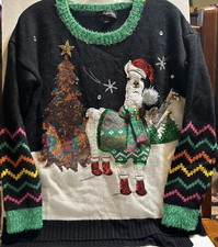33 Degrees Women's Ugly Christmas Sweater Llama Black Large Sequin High Low Hem