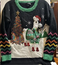 33 Degrees Women's Ugly Christmas Sweater Llama Black Large Sequin High Low Hem