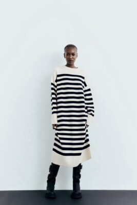 ZARA NAVY ECRU WOOL BLEND OVERSIZED STRIPED LONG KNIT DRESS SIZE L