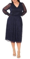 NWT MSK Women  s Blue Metallic Midi Smocked Waist LS Cocktail Party Dress 3X