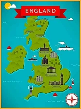 Map of England Great Britain United Kingdom Retro Travel Art Poster Print