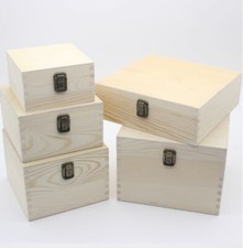 Natural Wooden Chest Storage Box Memory Keepsake Boxes DIY Crate With Hinged Lid