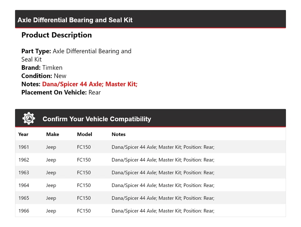 适用于 1961 - 1966 吉普 FC150 轴差速轴承和密封套件 铁姆肯公司后部 1962 — 第 2/3 张图片