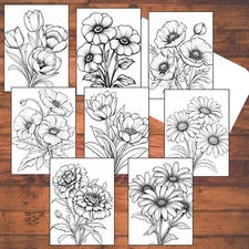 Flower Coloring Cards: Large 5"x7" Adult Handmade Floral Card Kit with Envelopes