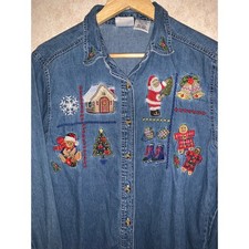 Bobbie Brooks Women's Long Sleeve Denim Christmas Button Down Size Medium VTG