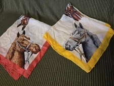 Vintage PAIR 1950s Western Style HORSES Silk Scarf  Scarves 22”x 22” Hand Rolled