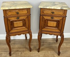 Pair of  Bedside Tables Antique French Louis Walnut Marble Top Cabinets LOT 4894