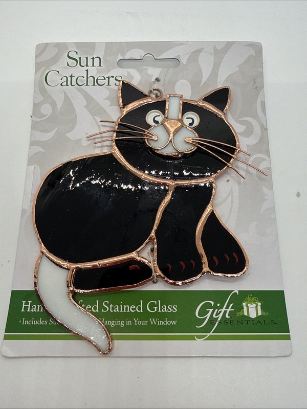 Black & White Stained Glass Cat Sun Catcher Hand Made 6”