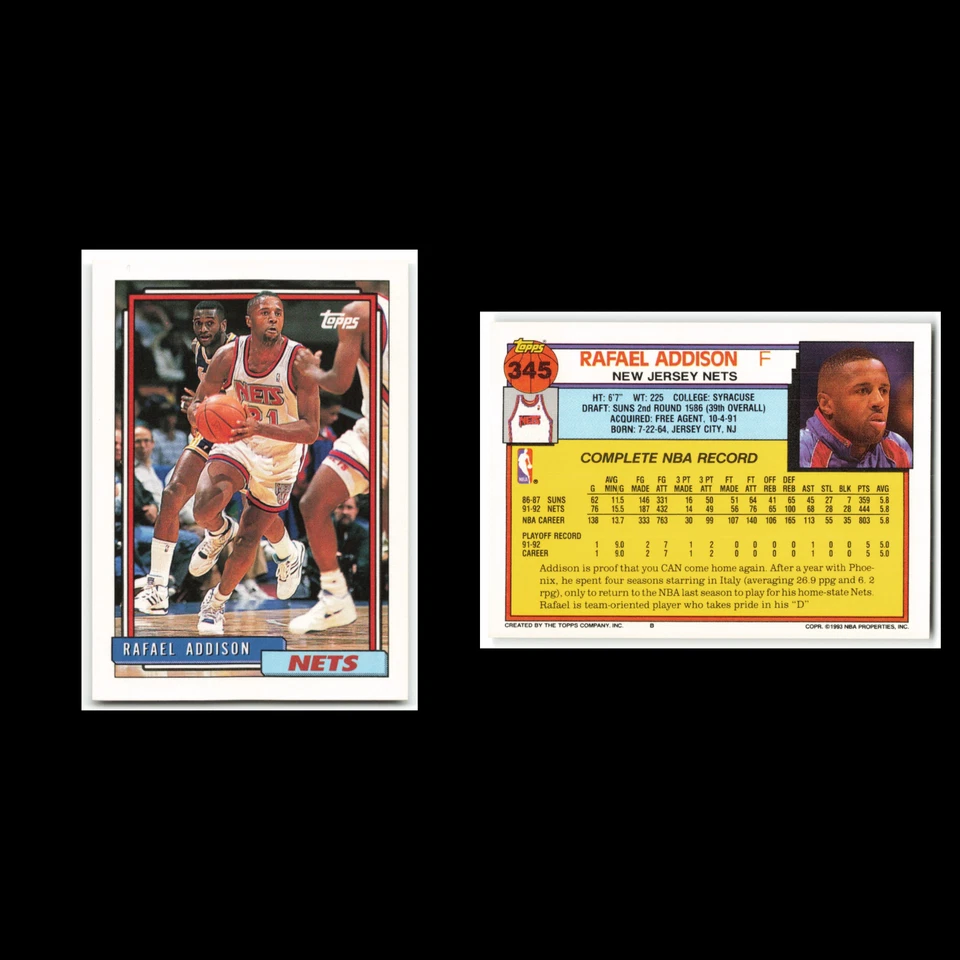 Rafael Addison #345 1992 Topps New Jersey Nets Basketball Card NBA NM - Image 3 of 3