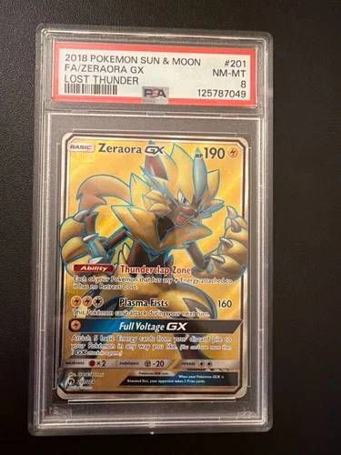 POKEMON 2018 Sun Moon Lost Thunder Full Art ZERAORA GX #201 PSA 8 RARE