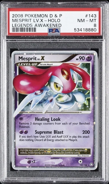 2008 POKEMON DIAMOND & PEARL LEGENDS AWAKENED #143 MESPRIT LV.X-HOLO PSA 8
