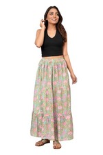 Boho Women Floral Block Printed 100 Cotton Maxi Flowy Skirt with Elastic Waist