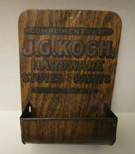 ANTIQUE TIN MATCH HOLDER - Canby, Mn. - "J.G. Koch Hardware, Stoves, Paints"