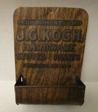 ANTIQUE TIN MATCH HOLDER - Canby, Mn. - "J.G. Koch Hardware, Stoves, Paints"