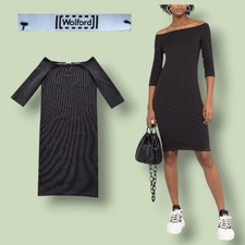 Wolford Dress Rey Bodycon 3/4 Sleeve Off The Shoulder Striped Jersey Size S