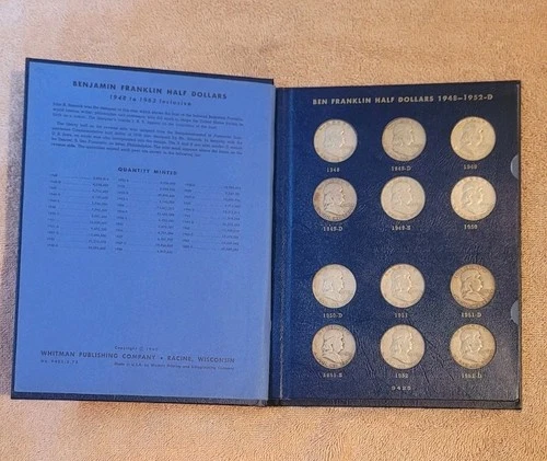 1948-1963 Franklin Half Dollar Complete Set 35pcs Whitman Album 90% Silver Coins