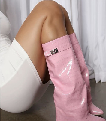 Fashion Nova Not The Same Pink Knee High Patent Croc Boots Zip Wide Calf 8