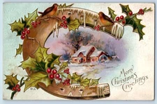 Christmas Postcard Greetings Horseshoe Holly Berries House Winter Olanta PA 1912