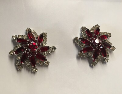 Vintage Signed Kramer Red Earrings 1'' Clip on Clear Rhinestones Silver Tone