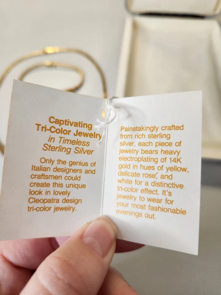 Tri-Color Collection Necklace Bracelet Earrings Set W/tag & Box .925 14k Italy - Image 3 of 4