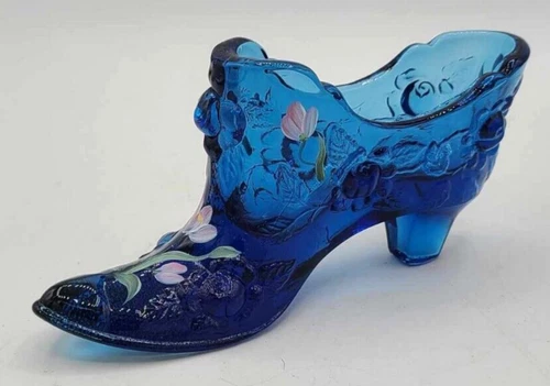 Vintage Fenton ~6"L Blue Rose Art Glass Slipper Shoe Painted Artist Signed
