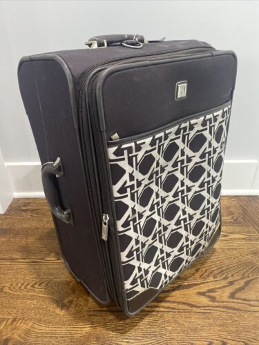 Diane von Furstenberg DVF Logo Brown Leather Trim Roller Bag Luggage 22x15 RARE - Picture 2 of 15